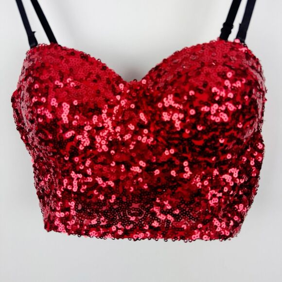 WET SEAL Red Sequins Women's Camisole Bustier Party Holiday Crop Top Large - Picture 5 of 14